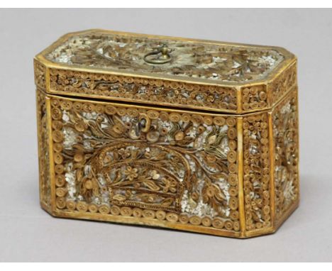 REGENCY ROLLED PAPER AND MOTHER OF PEARL TEA CADDY,  of canted rectangular form with scrolling floral decoration on a chipped