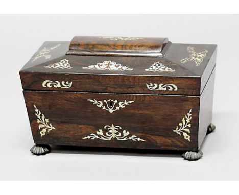 GEORGE III ROSEWOOD TEA CADDY,  of sarcophagus form, inlaid with mother of pearl foliage, the twin canisters with hinged cove