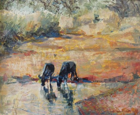 ZAKKIE ELOFF (South African, 1925-2004) WILDEBEEST AT A POOL; IMPALA AMIDST TREES Two, both signed and dated 62, oil on board