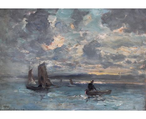 GEORGE BOYLE (1842-1930) SHIPPING AT SUNSET Signed, oil on board 23.5 x 33.5cm. ++ A few minor chips/grazes; needs a light cl