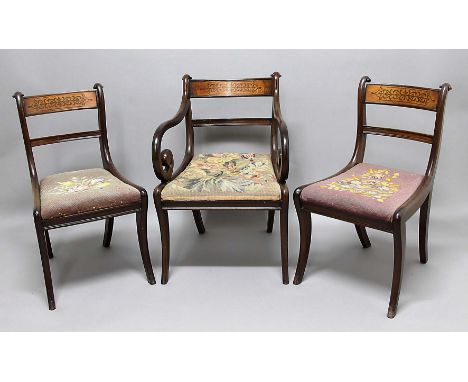 SET OF EIGHT WILLIAM IV MAHOGANY DINING CHAIRS, the bar top with rosewood inlay on supports with turned finials, tapestry uph