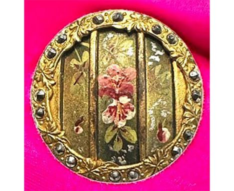 1 Large 19th century enamel painted rose and brass button. Here is a stunning brass and cut steel button with a beautiful des
