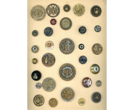31 S/M/L 19th century insect buttons, mostly metal. Nice lot of assorted insects including bees and beehives. Most are metal 