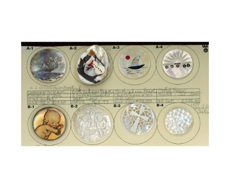 8 Large 20th century buttons including Bethlehem Pearl. This lot includes two very nice 1930's carved pearls from Jerusalem k