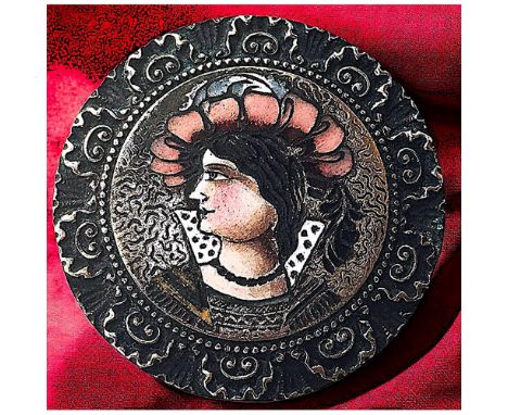 1 Large 19th century enamel of an 18th century gentleman. Here is a beautifully executed brass and enamel button in burgundy 