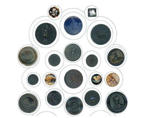 20 S/M/L 19th century examples in assorted techniques. This partial card of horn buttons includes a wonderful lacquered encru