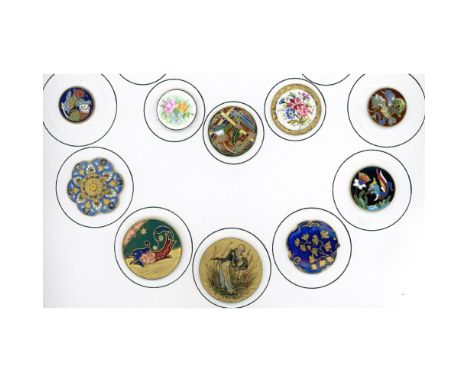 10 Medium/Large 19th century assorted technique examples!This is a great selection of enamel buttons all pictorial examples i