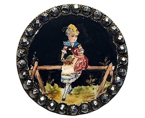 1 Large 19th century polychrome enamel lady button. Here is beautifully executed and colorful enamel with gold paillons over 