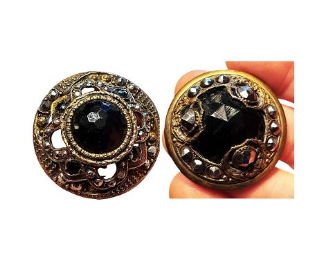 2 Large late 19th century black glass Gay 90 examples. Many collectors often forget that when doing a tray of Gay 90 buttons 
