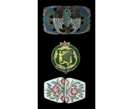 3 19th century 1 and two piece enamel buckles. This lot includes a beautiful polychrome 2 piece shaped floral example with a 