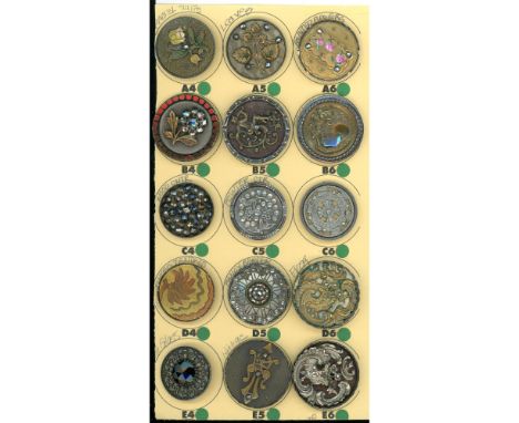 15 Medium/Large 19th C. steel cups including pictorial examples. Here is a nice card of steel cup buttons including a black g
