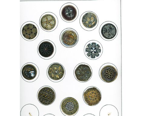 15 Large 19th century buttons including glass in metal. This card includes a lacy style black glass in metal, several pierced