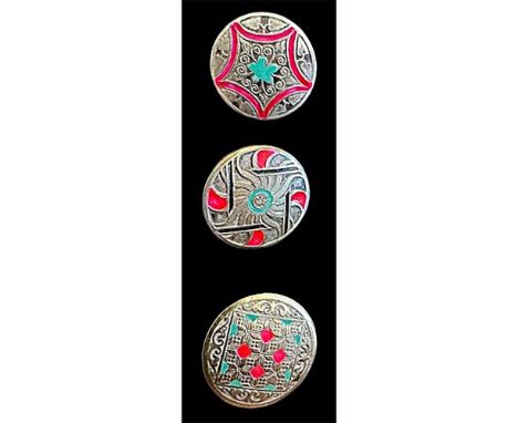 3 Medium 20th century buttons known as Deccan silver. Here are three nice and different pattern silver buttons with enamel DF