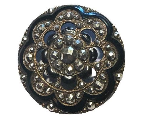 1 Extra Large 19th C. Gay 90 style enamel and cut steel button. Although not a gay 90 button it was made in the same style on