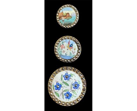 3 Medium/Large 19th century cut steel border examples. Here are three lovely Polychrome painted pictorial enamel buttons all 
