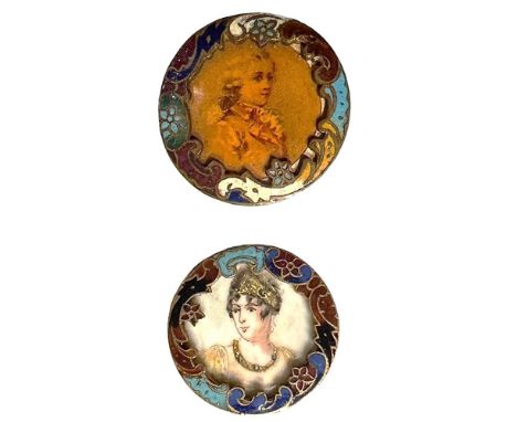 2 Med. 19th C. buttons same enamel border setting different centers. This lot shows you a natural material hand painted ladie