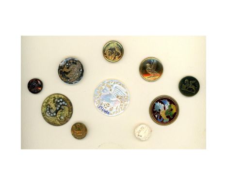 9 Medium/Large 19th &amp; 20th century buttons including enamel. This small card includes a large pieced Bethlehem pearl, a g