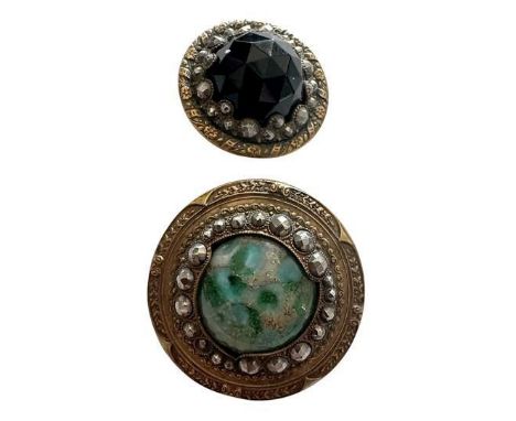 2 Large 19th century glass in metal buttons known as Gay 90's. Here we have two nice large jewel buttons, one with a black gl