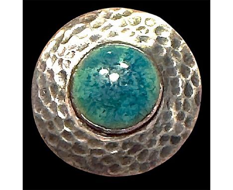 1 Medium size Ruskin blue centered guild style button. This hand hammered silvered button is centered with a turquoise blue p