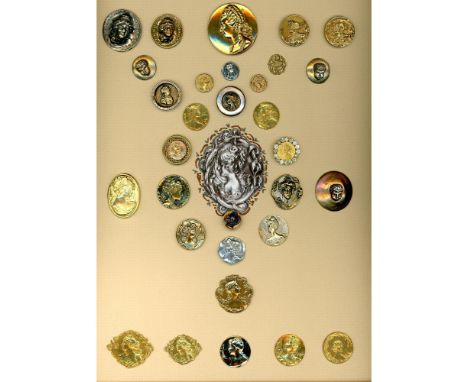 26 S/M/L late 19th &amp; 20th century buttons including Art Nouveau. Here is a nice card of metal head buttons depicting wome
