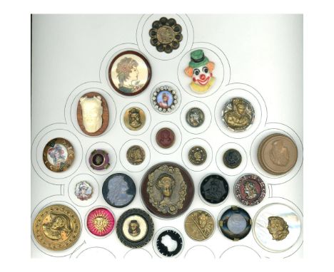 27 S/M/L 19th-20th century assorted material examples. This nice card of heads includes a nice colorful porcelain in metal wi