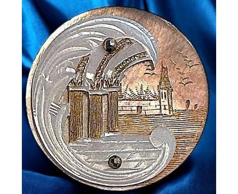 1 Large 19th century gilded scene pearl button. Here is a beautiful carved and engraved example of 19th century craftsmanship