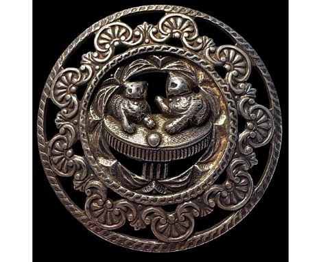 1 Large 19th century silvered brass cat button. This is a very fun and detailed pierced silvered brass button depicting two c