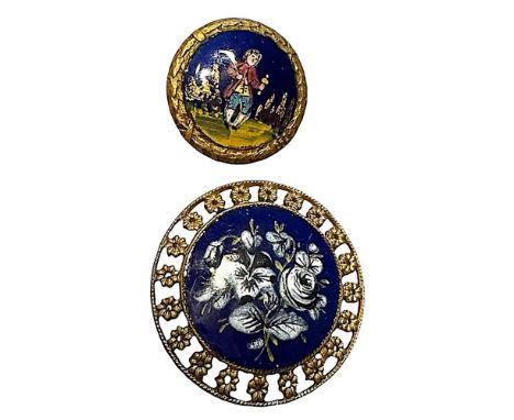 2 Medium/Large 19th C. assorted technique cobalt blue examples. Here are two lovely examples of enamel buttons from the late 
