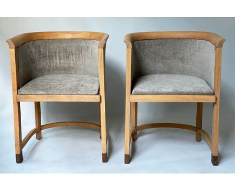 ARMCHAIRS, a pair, 1930's Vienna Secessionist style pale bentwood in grey chenille with bow backs, stretchered supports and e