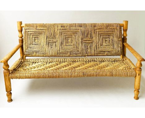WINDOW BENCH, rattan framed cane bound and woven strung with arms, 157cm W. 