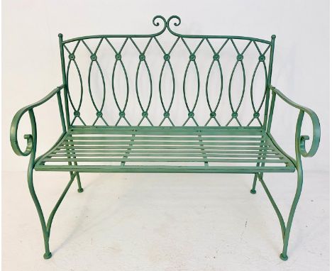 GARDEN BENCH, 95cm high, 105cm wide, 54cm deep, Regency style, two seater, pistachio green painted metal frame. 