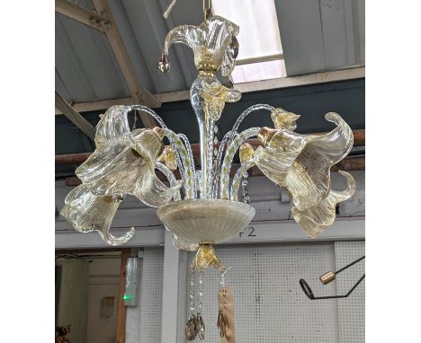 MURANO CHANDELIER, vintage Sylcom Venetian style gold with crystal drops, five branch form, five branch spaces, cut glass dro