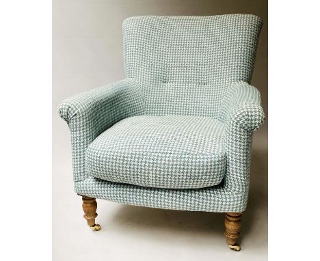 ARMCHAIR, traditional scroll arm, button back with dogtooth green/white upholstery, 74cm W. 