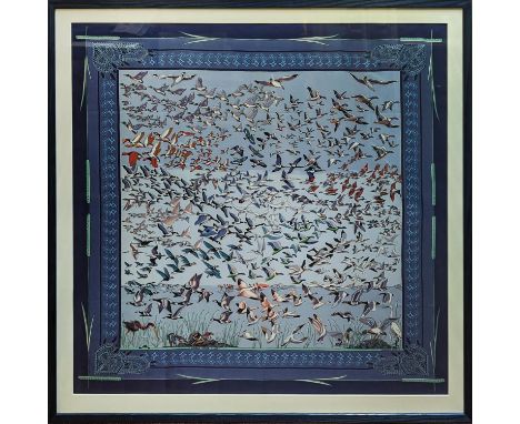 HERMÈS SCARF, 'Libres comme l'air', by Annie Faivre, 2003, framed, 99cm x 99cm. 