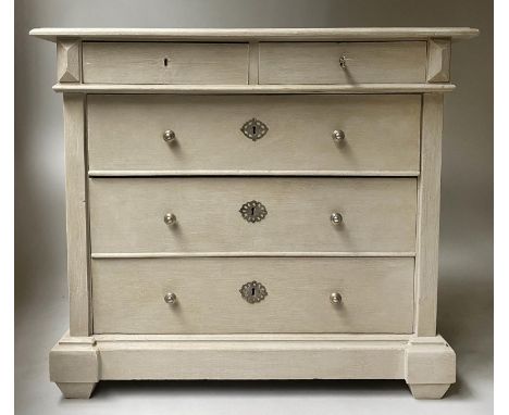 COMMODE, 19th century French traditionally grey painted with two short and three long drawers, 105cm L x 57cm D x 87cm H. 