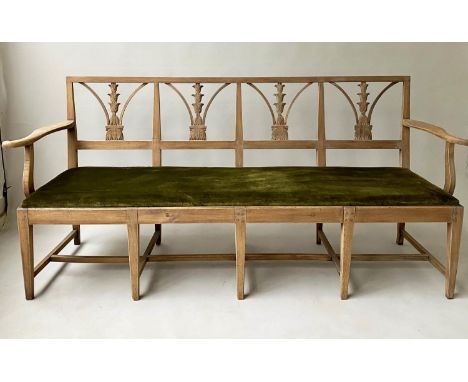 COUNTRY HOUSE BENCH, 19th century oak with four section foliate carved back and green velvet upholstered seat, 196cm W. 