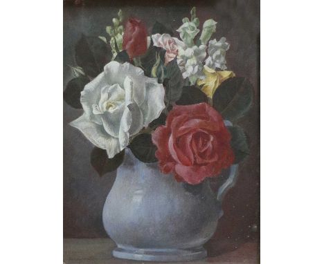 Dorothy Hutton (1889-1984)"Roses and Snapdragon"Signed, labelled verson, egg tempera, 23cm by 17.5cm