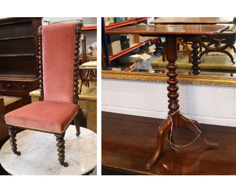 A Victorian Rosewood Prie Dieu Chair, upholstered and on barley twist supports, together with A Victorian Mahogany Snap-Top T
