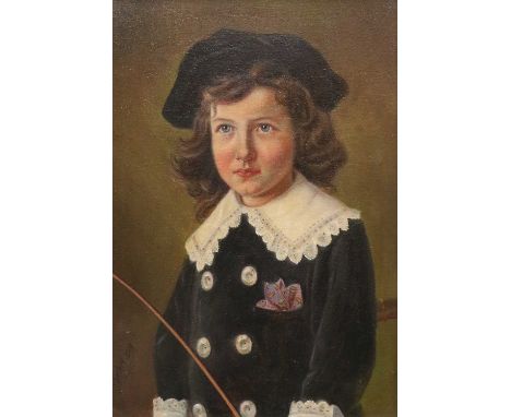 K*Gehrt (Late 19th/Early 20th Century)Portrait of a long-haired young boy with blue velvet cap and coat, lace collarSigned an