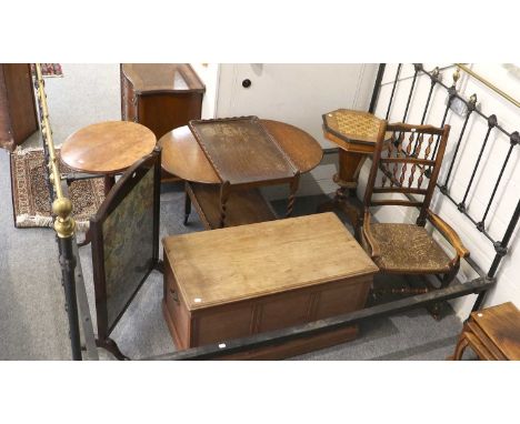 A Group of Furniture Comprising: a 1920s oak dinner wagon, a small blanket box, a framed needlework firescreen, an oak spindl