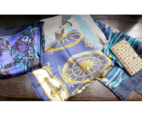 Hermes Silk Scarf 'Roues de Canon' designed by Caty, in blue, cream and gold, 90cm square, Liberty Iris Print Scarf,  Another