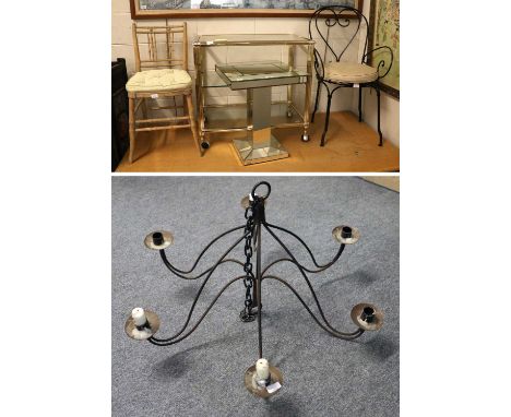 A Modern Pedestal Mirrored Lamp Table, A Three-Tier Brass and Glass Tea Trolley, A Wrought Metal Garden Chair, A Side Chair a
