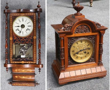 A Rosewood Inlaid Striking Drop Dial Wall Clock, circa 1900, 87cm high, together with A Mahogany Striking Mantel Clock, circa