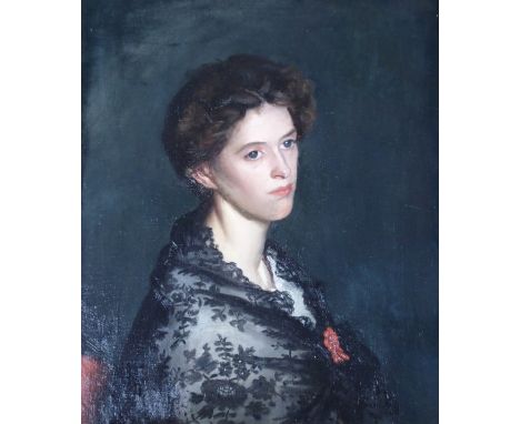 BRITISH SCHOOL (EARLY 20TH CENTURY) PORTRAIT OF A LADY IN A BLACK LACE SHAWL Oil on canvas laid on panel board, 52 x 45cm (21