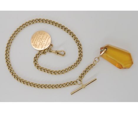 A 9CT GOLD WATCH CHAIN hallmarked to the end link, Birmingham 2002, with 9ct medallion dated 2001, and an amber glass fob, we