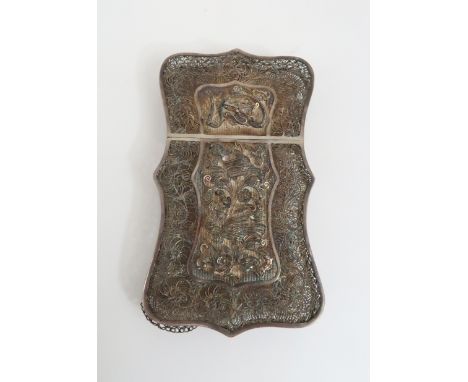 A CHINESE SILVER FILIGREE CARD CASE decorated with a panels of a dragon and birds amongst foliage, applied hallmarks, 9cm hig