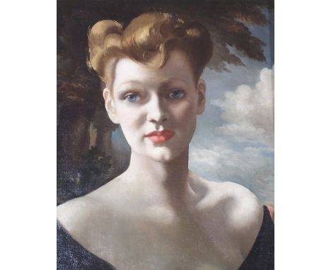 •ATTRIBUTED TO ANNA KATRINA ZINKEISEN (BRITISH 1901-1976) PORTRAIT OF A YOUNG WOMAN WITH RED HAIR IN A LANSCAPE Oil on canvas