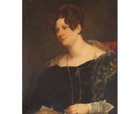 BRITISH SCHOOL (19TH CENTURY) PORTRAIT OF A LADY HOLDING A WAX SEAL Oil on canvas, 71 x 61cm (28 x 24") Condition Report: The