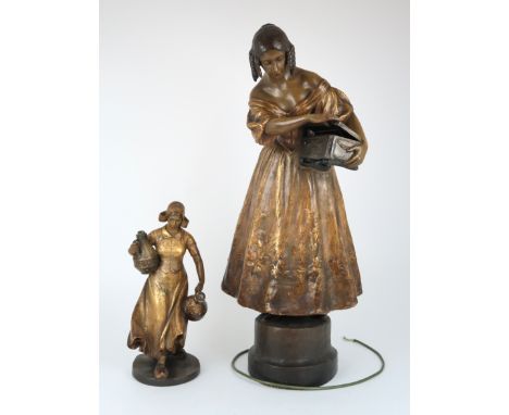 A LARGE GOLDSCHEIDER FIGURAL LAMP modelled as a maiden holding open a box, signed Sydan to side and with impressed marks, 88c