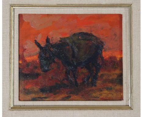 •LESZEK MUSZYNSKI (POLISH 1923-2012) DONKEY Oil on panel, signed, inscribed with title and dated (19)82 verso, 13 x 15cm (5 x